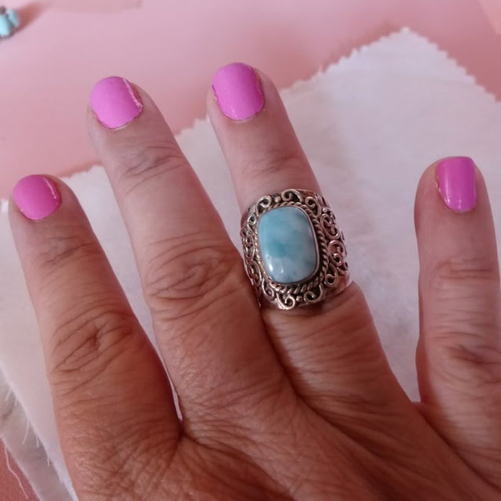 Genuine Larimar Large stone ring.